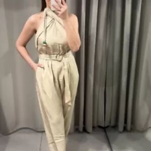 Nwt ZARA BELTED LONG JUMPSUIT WITH BEADING sz M